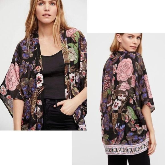 Free People Enchanted Blooms Kimono Cardigan Topper Sheer Floral One Size - Picture 1 of 8